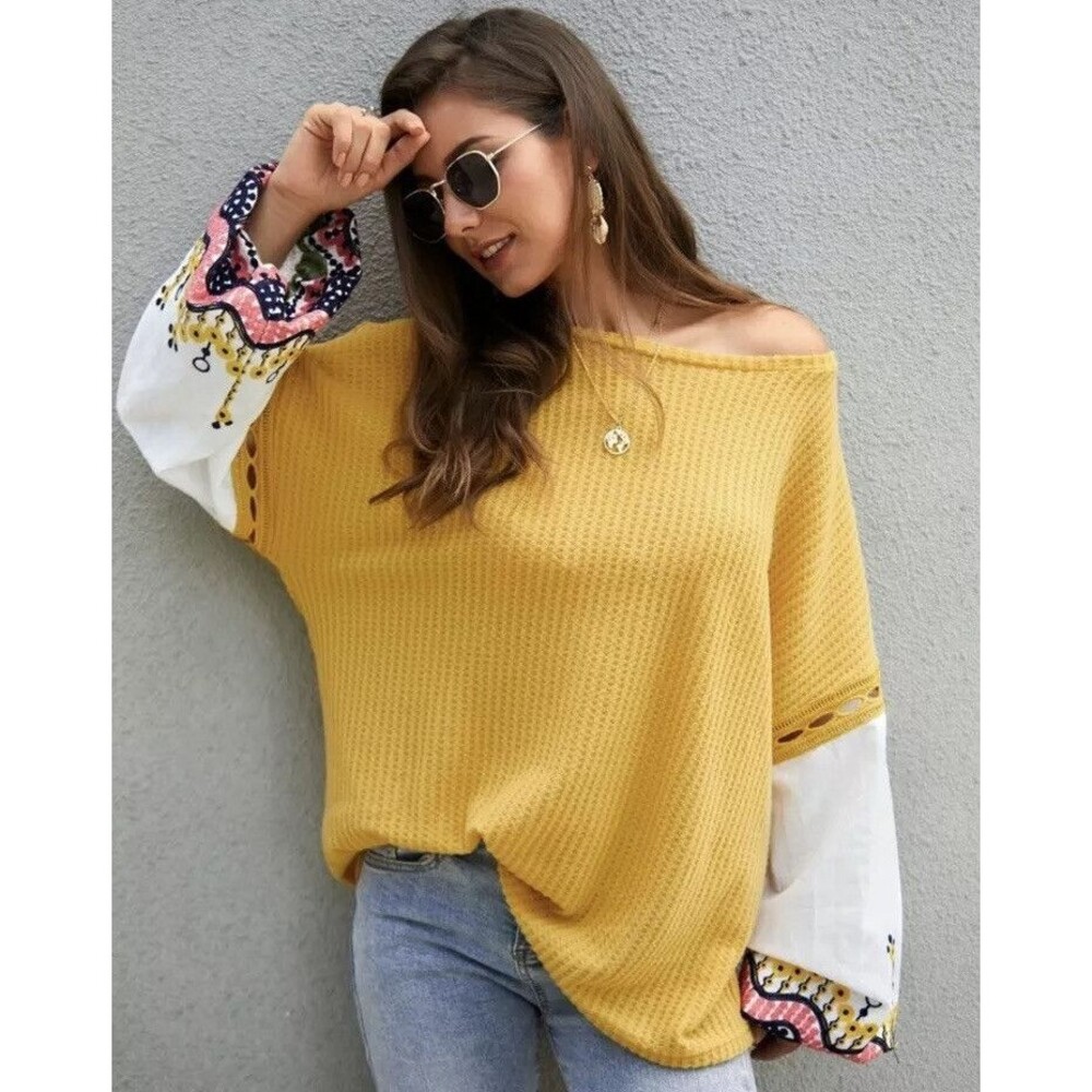 Colorful Embroidery Mustard Yellow Top Oversized S Slouchy Crochet Long Sleeve